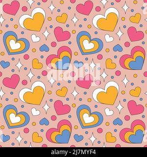 Seamless pattern with retro hearts and sparkles. Stock Vector