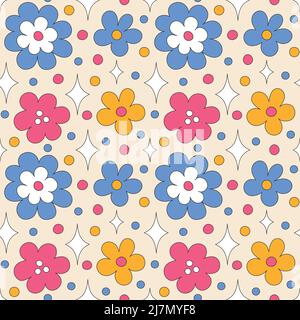 Seamless pattern with retro flowers and sparkles. Stock Vector