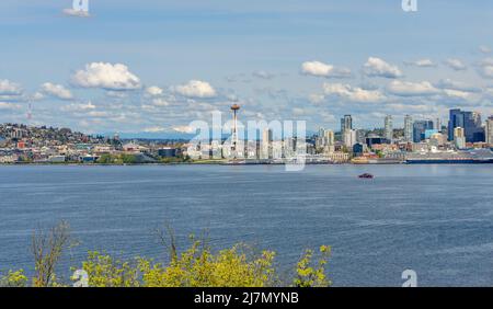 Cascade Mountain can be seen behind the Seattle skyline in Washington State. Stock Photo