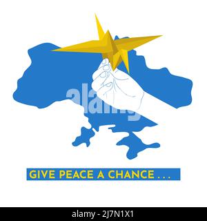 Child hand hold a paper origami crane japanese peace and no atom bomb symbol on Ukraine map silhouette background, give peace a chance text blue yellow vector illustration Stock Vector