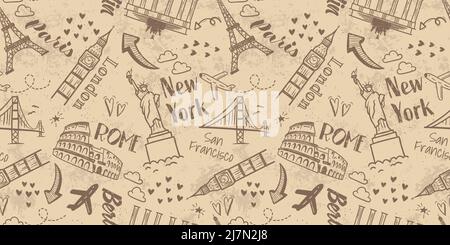 Hand drawn doodle sights seamless pattern, travel background, great for textiles, wrapping, banners, wallpapers - vector design Stock Vector