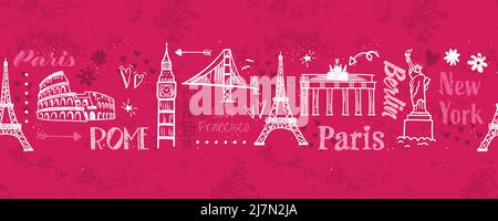Hand drawn doodle sights seamless pattern, travel background, great for textiles, wrapping, banners, wallpapers - vector design Stock Vector
