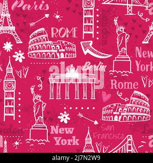 Hand drawn doodle sights seamless pattern, travel background, great for textiles, wrapping, banners, wallpapers - vector design Stock Vector
