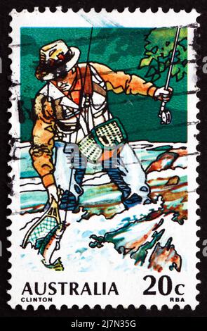 AUSTRALIA - CIRCA 1979: a stamp printed in the Australia shows Trout Fishing, Sport Fishing, circa 1979 Stock Photo