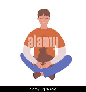 Cheerful sitting boy with crossed legs and cat. Embracing and loving family animal pet cartoon vector illustration Stock Vector