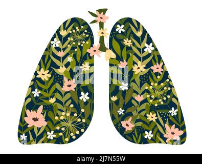 Nature ecological abstract lungs shape fresh spring flowers from garden, wild field plants and green leaves. Cartoon floral decoration of organ flat vector illustration. Healthy lifestyle concept Stock Vector