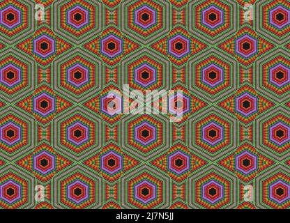Interesting repeated pattern with multiple geometric shapes and psychedelic colors, creative background inspired by mandala and zentangle art Stock Photo