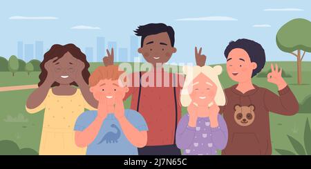 Cute kids friends with jokes and funny gestures standing together in green city park vector illustration. Cartoon multicultural group of happy children students laughing background. Friendship concept Stock Vector