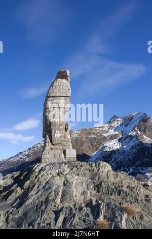 Simplon, Switzerland - December 2015: Swiss alps - Simplon Pass and eagle statue, which is built in memory of pass building workers. Stock Photo