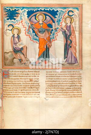 The Cloisters Apocalypse ca. 1330  - The Apocalypse, or Book of Revelation,  John the Evangelist , giovanni evangelista, during his exile on the Greek island of Patmos. In this Image - The Angel with the Book Stock Photo