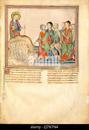 The Cloisters Apocalypse ca. 1330  - The Apocalypse, or Book of Revelation,  John the Evangelist , giovanni evangelista, during his exile on the Greek island of Patmos. In this Image  - The First Ressurection Stock Photo