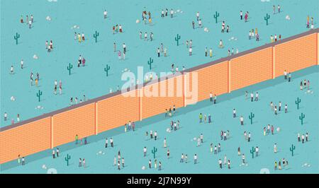 Two groups of people separated by wall. Brick wall dividing people. Stock Vector