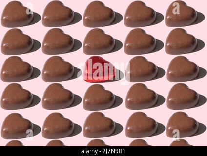 Pattern of chocolate bars shape heart, against pink background Stock Photo