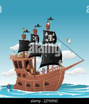 Group of cartoon pirates on a ship at the sea Stock Vector