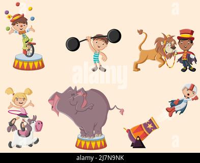 Retro circus cartoon characters and animals. Vintage carnival children. Stock Vector