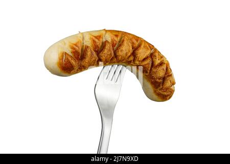 Bratwurst on fork isolated Stock Photo