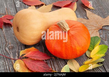 squash and autumn leaves on wood background Stock Photo