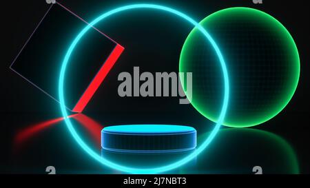 podium and various basic objects neon glowing (3d rendering) Stock Photo