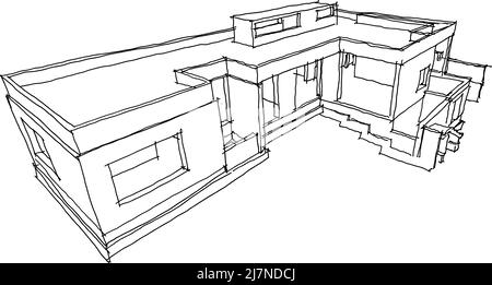 hand drawn architectural sketches of strcture of modern one story detached house with flat roof Stock Photo