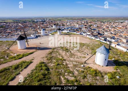 Aerial view of typical Spanish windmills, Campo de Criptana, Castilla-La Mancha, Spain Stock Photo