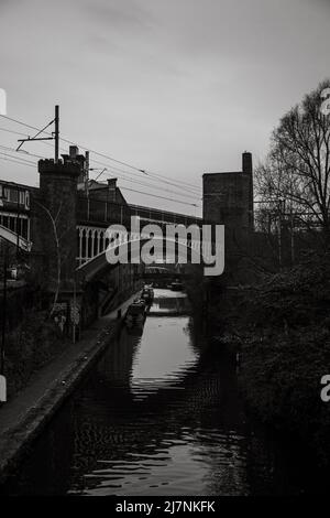 Viaduct over the Bridgewater Canal, Deansgate, Manchester, Greater Manchester, United Kingdom in Black & White, Stock Photo