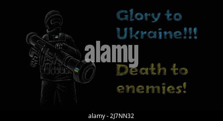 Ukrainian soldier 2022 with a grenade launcher Javelin rocket launcher in the civil war with the Russian Federation. Ukraine will win !!! Glory to Ukr Stock Vector