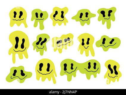 Cool Drippy distorted Smile set. Acid Trip  Stock Vector