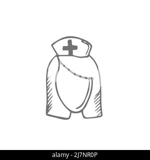 Black hand drawn nurse face icon, wearing hat with cross, isolated on white background. Medical symbol. Doodle vector illustration. Stock Vector