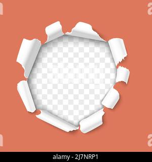 Hole punched in the paper sheet. Realistic vector paper hole with ripped edges and rolled sides Stock Vector