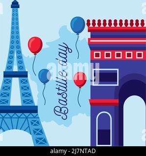 happy bastille day poster with monuments Stock Vector