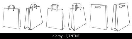 Set of shopping bags icon in thin outline, monoline style Stock Vector