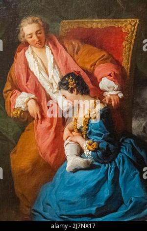 Painting titled  'The Amorous Courtesan' from a Tale by Jean de la Fontaine by French Artist Pierre Subleyras dated 1735 Stock Photo