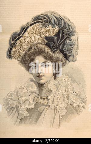 Woman wearing vintage elegant dress and hat. Antique fashion engraving from 1901, France, Paris Stock Photo