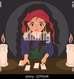 fortune teller with tarot cards character scene Stock Vector