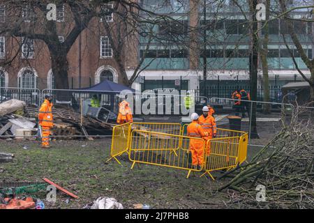 Bailiffs work on site to evict a group of HS2 activists who are living in unstable tunnels underneath Euston Square Gardens in Central London Featuring: Atmosphere Where: London, United Kingdom When: 01 Feb 2021 Credit: Phil Lewis/WENN Stock Photo