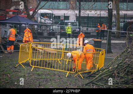 Bailiffs work on site to evict a group of HS2 activists who are living in unstable tunnels underneath Euston Square Gardens in Central London Featuring: Atmosphere Where: London, United Kingdom When: 01 Feb 2021 Credit: Phil Lewis/WENN Stock Photo