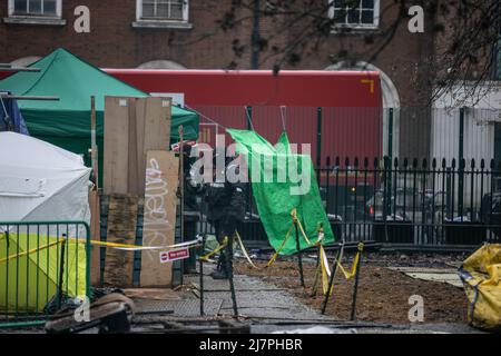 Bailiffs work on site to evict a group of HS2 activists who are living in unstable tunnels underneath Euston Square Gardens in Central London Featuring: Atmosphere Where: London, United Kingdom When: 01 Feb 2021 Credit: Phil Lewis/WENN Stock Photo