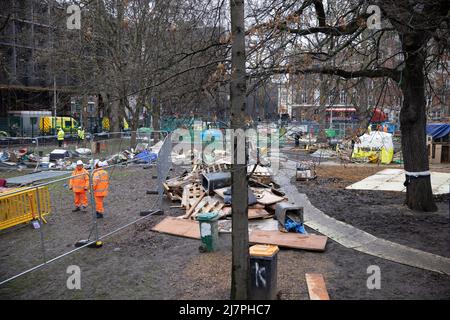 Bailiffs work on site to evict a group of HS2 activists who are living in unstable tunnels underneath Euston Square Gardens in Central London Featuring: Atmosphere Where: London, United Kingdom When: 01 Feb 2021 Credit: Phil Lewis/WENN Stock Photo