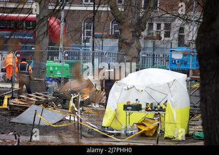 Bailiffs work on site to evict a group of HS2 activists who are living in unstable tunnels underneath Euston Square Gardens in Central London Featuring: Atmosphere Where: London, United Kingdom When: 01 Feb 2021 Credit: Phil Lewis/WENN Stock Photo