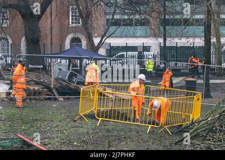 Bailiffs work on site to evict a group of HS2 activists who are living in unstable tunnels underneath Euston Square Gardens in Central London Featuring: Atmosphere Where: London, United Kingdom When: 01 Feb 2021 Credit: Phil Lewis/WENN Stock Photo