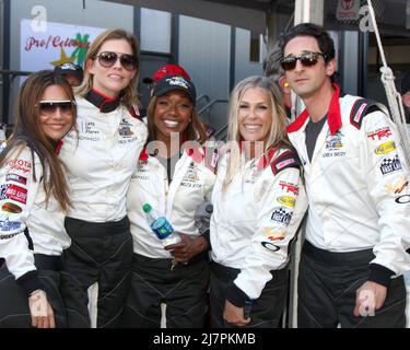 LOS ANGELES - APR 11:  Vanessa Marcil, Tricia Helfer, Carmelita Jeter, Lisa Stanley, Adrien Brody at the 2014 Pro/Celeb Race Qualifying Day at Long Beach Grand Prix on April 11, 2014 in Long Beach, CA Stock Photo