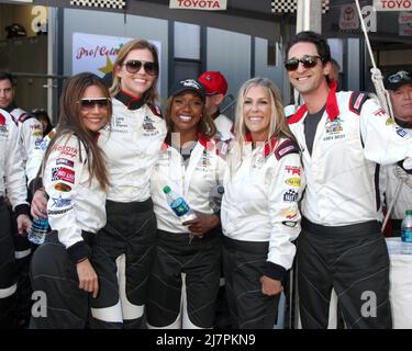 LOS ANGELES - APR 11:  Vanessa Marcil, Tricia Helfer, Carmelita Jeter, Lisa Stanley, Adrien Brody at the 2014 Pro/Celeb Race Qualifying Day at Long Beach Grand Prix on April 11, 2014 in Long Beach, CA Stock Photo