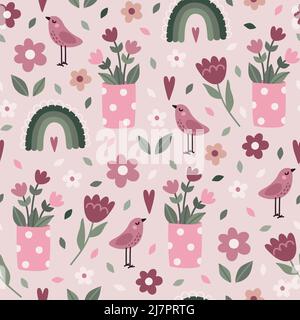 Potted flowers, birds and rainbow pattern Stock Vector