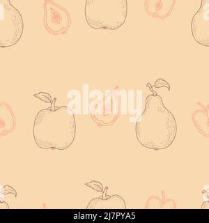 Seamless pattern with fruits. Apple and pear, whole under and cut halves on light orange background. Vector illustration. Line drawing in hand drawn d Stock Vector