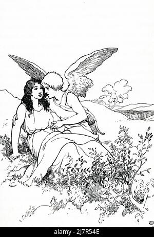 According to Greek and Roman mythology, Cupid (Eros to the Greeks) was the god of love. His mother, Venus (Aphrodite), was jealous of Psyche, a mortal princess, and sent Cupid to shoot her with a love arrow that would make her fall in love with a horrible creature. By accident, Cupid pricked himself as he did so and reversed the effect on Psyche. Venus tried unsuccessfully to keep the two apart. Finally, Cupid and Pysche (seen here together) were allowed to marry, and Psyche was granted  immortality. Stock Photo