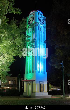 The historic clock tower in Hastings, New Zealand, an Art Deco structure completed in 1935, photographed at night Stock Photo