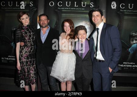 LOS ANGELES - APR 3:  Karen Gillan, Rory Cochrane, Annalise Basso, Garrett Ryan, James Lafferty at the 'Oculus' Los Angeles Screening at the TCL Chinese 6 Theaters on April 3, 2014 in Los Angeles, CA Stock Photo