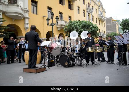 Band playing in Plaza De Armas Lima Peru Stock Photo