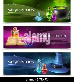 Horizontal realistic colorful banners set with mysterious magic potion and other witchcraft stuff isolated vector illustration Stock Vector