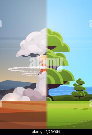 nuclear explosion rising fireball of atomic mushroom cloud and green tree apocalipce detonation dangerous destruction stop war utopia and dystopia Stock Vector